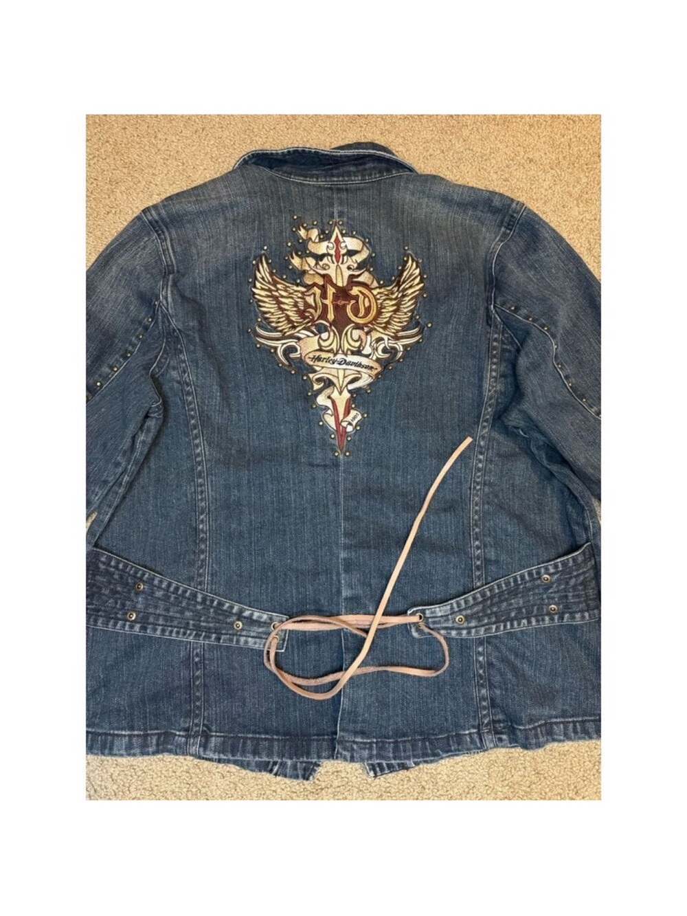 HARLEY DAVIDSON Womens 2X Denim Jean Jacket Tie-Back Embroidered Studded Biker